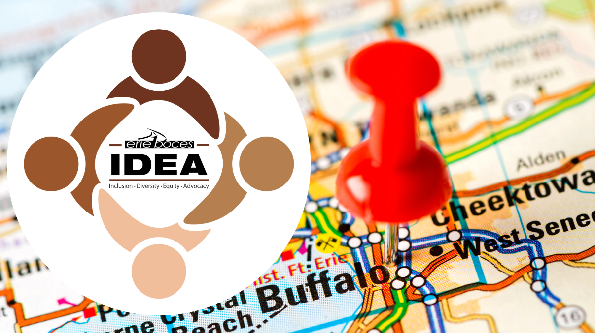 map of New York state with a red pin in Buffalo and the I.D.E.A. committee logo