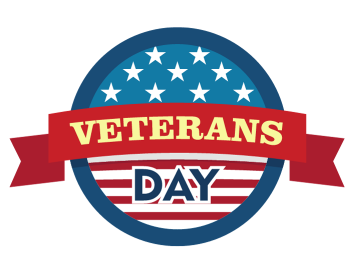red white and blue badge with the text "veterans day"