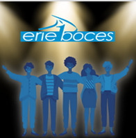 graphic of people that are all blue with their arms around each other standing under a spotlight with the erie 1 boces logo